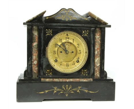 A Victorian slate and rouge marble eight day mantel clock , by James Tree of London, of architectural form, the dial set with