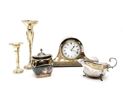 A late Victorian silver tea caddy, with gadrooned border, Birmingham 1900, together with two silver stem vases, a silver sauc