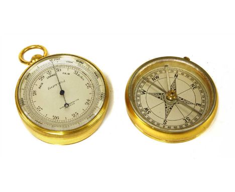 A brass-cased combination pocket barometer, with screw-on compass back, by 'Short Mason Ltd., London', with altimeter 0-8000 