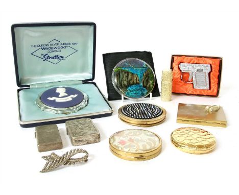 Various compacts, including a Wedgwood example for Stratton - silver Jubilee 1977, 301/2000, plus a lighter, brooch, vesta ty