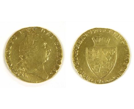 Coins, Great Britain, George III (1760-1820), Guinea, 1787, fifth laur.head r.,F but with signs of solder to 12 o'clock from 