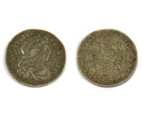 Coins, Great Britain, Charles II (1660-1685), Sixpence, 1863, dr. bust r., rev crowned cruciform shields, interlinked c's in 