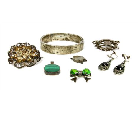 A quantity of silver and costume jewellery, to include a silver Victorian coronation brooch, a silver paste set bow brooch, C