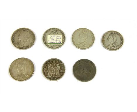 Coins, Great Britain and World, an assortment of coins to include a George III Crown, Fair, an 1875 French Five Francs, F, an