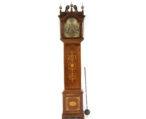 An Edwardian mahogany, satinwood crossbanded and marquetry inlaid longcase clock , the silvered chapter ring set with Roman n