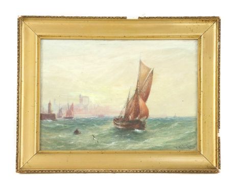 R Malcolm Lloyd (British 1855-1945), FISHING BOATS OFFSHORE, HARBOUR AND DISTANT TOWER, Signed l.r., Watercolour highlighted 