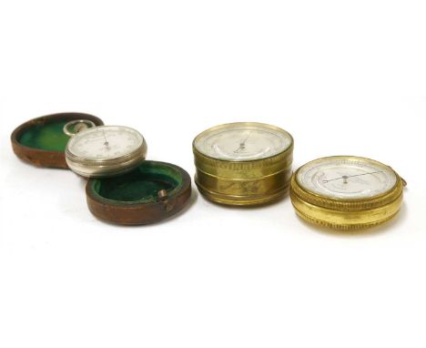 Three pocket barometer/altimeters , the first by H Robinson, High Street, Shrewsbury, 'Rain', 'Change', 'Fair', 'Compensated'