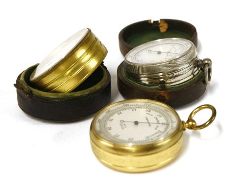 Three pocket barometer/altimeters, the first in a brass case, 0-1000 feet, by MDS London, 5cm diameter, 1.7cm high, the secon