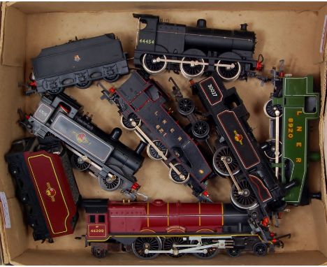 Triang maroon 'Princess Royal' engine and tender, BR lined black Jinty tank engine and M7 tank engine, Airfix class 4F engine