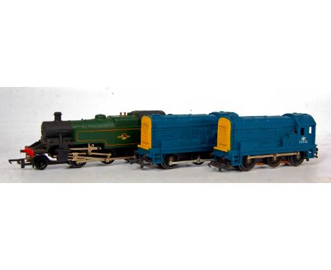 Triang Hornby BR green 2-6-2 tank engine (VG) together with 2 BR blue diesel shunters (G)