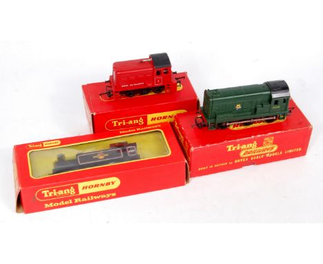 Triang R152 green 0-6-0 diesel shunter (G-BG), R253 red 0-4-0 dock shunter (G-BG), and R525 BR black Jinty tank engine (G-BF)