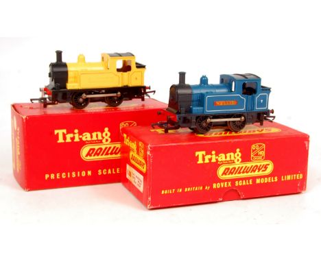 A Triang  R355 industrial tank engine blue 'Nellie' (G-BG) and another R355Y yellow 'Connie' nameplates detached but present 