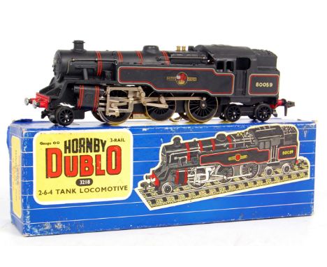 A Hornby Dublo 3-rail 3218 standard 2-6-4 tank engine No. 80059 a very few small chips to raised edges (VG-BG)