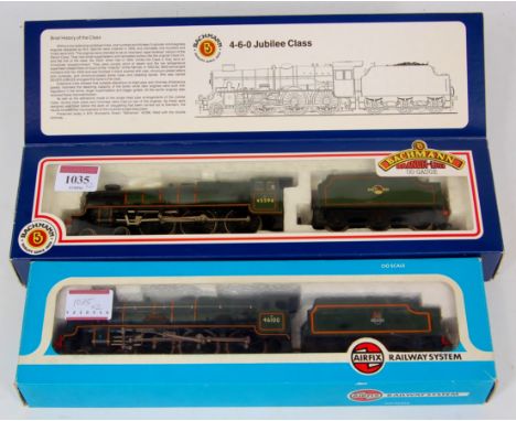 A Bachmann Jubilee 4-6-0 No. 45596 'Bahamas' in BR green, double chimney (G,BG) and an Airfix Royal Scot 4-6-0 No. 46100 'Roy