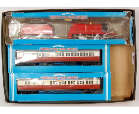 A Hornby R852 'James' the Red engine (G,BP), R091 James's composite coach (G,BG), and R094 James's brake coach (G,BG)