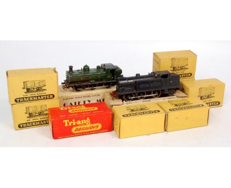 Mixed lot Gaiety 0-6-0 pannier tank engine, 0-6-2 tank engine (G-BFG), 7 Trackmaster wagons (FG-BG), Triang R16 brake van (G-