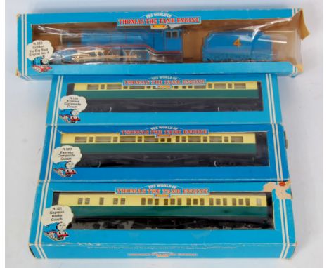 A Hornby R383 'Gordon' the Big Blue Engine (G,BP-F), 2X R120 Express composite coach and R121 Express brake coach (G,BF-G)
