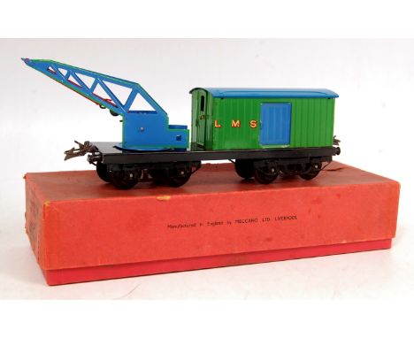 Hornby 1936-7 LMS breakdown van and crane, green body, black base and bogies, lighter blue roof, side doors and green lined j