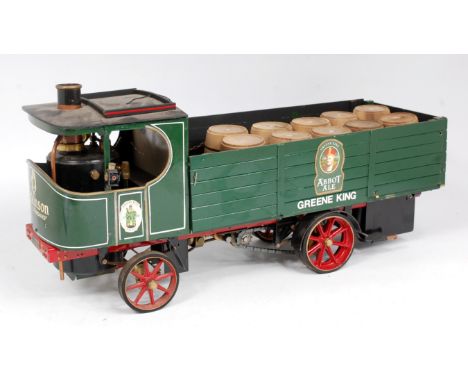 Maxitrak 1 inch scale Atkinson Steam Wagon, Gas Fired example comprising of green cab and box body back, with red chassis and