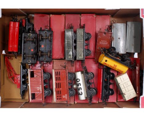 A large tray of 17 mainly boxed postwar Hornby wagons including, crane truck, NE goods brake van, NE cattle truck, Esso tanke