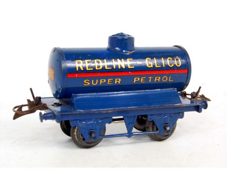 Hornby 1934 Redline Glico petrol tanker, blue, standard base, pressed filler, pressed top, narrow flanges on ends (G)