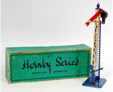 Hornby 1932-3 No. 2 E Distant signal, blue base, ladder, finial and lever, red distant arm - some small chips to lattice post