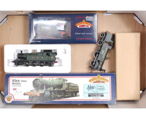 A Bachmann 31-801 93XX mogul engine and tender (G-BG), and a 32-127 45XX prairie tank engine (G-BG) both GWR green, and a loo