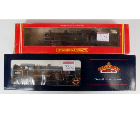 A Bachmann 32-354 standard class 4MT tank engine BR lined black No. 80002 (G-BG) together with BR black Hornby R239 Fowler 2-