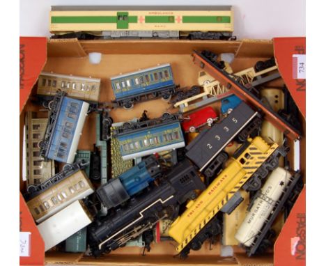 Mixed Triang and Hornby items TC series 4-6-2 engine and tender, Bo-Bo switcher, 6 freight cars, 2 coaches including Ambulanc