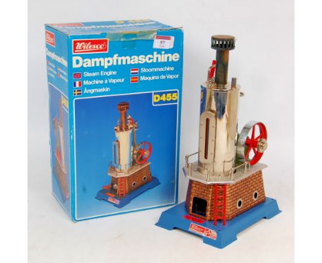Wilesco, D455 live steam vertical engine, mirror polished nickel plated boiler, with burner and elongated water gauge glass, 
