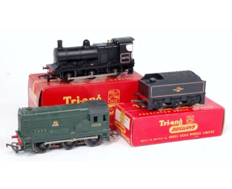 A Triang BR lined black 3F class 0-6-0 engine and tender (G-BG) together with a BR green 0-6-0 diesel shunter (G)