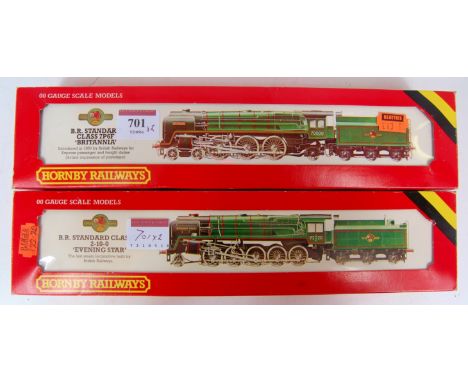 Hornby R063 'Britannia' engine and tender (G-BG), together with R065 'Evening Star' engine and tender, headlamps and crew add