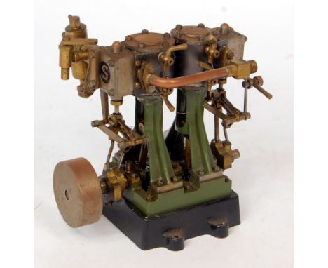 Stuart Turner D10 stationary marine engine comprising of twin cylinder, suspended on A frames, with slip eccentric and slide 