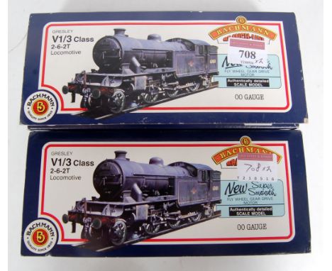 A Bachmann 31-600 LNER green class V3 tank engine, details added (G-BG), together with 31-603 LNER black V1 tank engine (NM-B