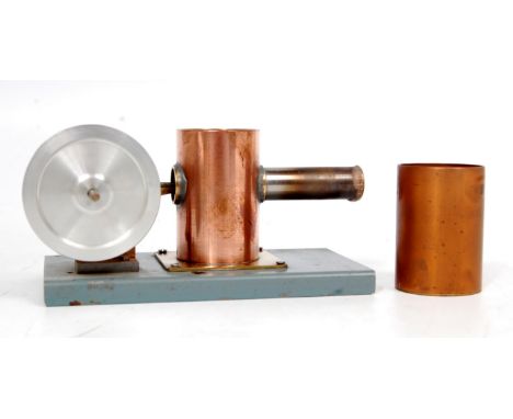 Scratch built horizontal stationary hot air engine, with single cylinder and stirling cycle motion, of brass, copper and stee