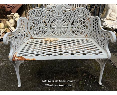 *2 SEATER CAST IRON BENCH, FRENCH STYLE WITH LATTICE SLAT DESIGN AND CENTRAL STAR BURST PANEL, 110CM (H) X 90CM (W) X 50CM (D