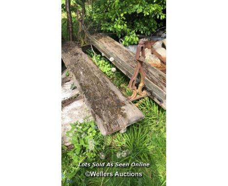 DOUBLE SIDED RAILWAY BENCH RECLAIMED FROM A STATION IN EAST LONDON, VERY HEAVY CAST IRON FRAME, 88CM (H) X 202CM (W) X 88CM (