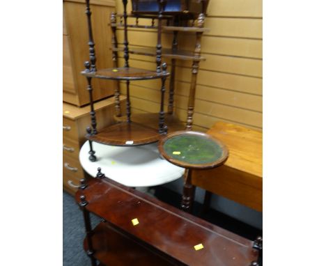 Two reproduction whatnots, a white painted circular table, a tripod table etc