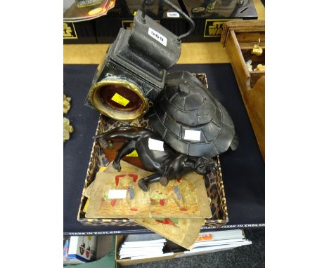 A vintage railway man's lamp, a slide viewer & four slides etc