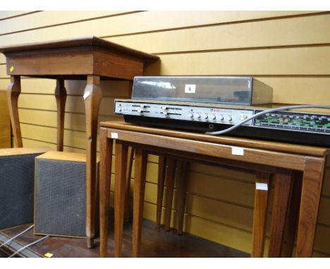A retro Bush Scene One record player, nest of three coffee tables & another E/T
