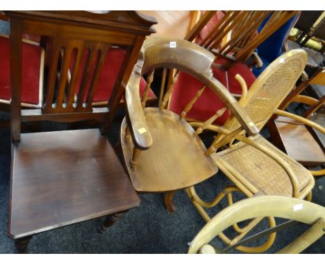 A vintage elm revolving captains / office chair, a bamboo & wicker rocker & a mahogany hall chair together with another