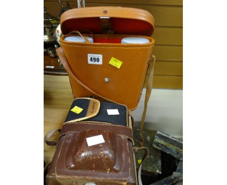 A pair of binoculars in leather case together with a vintage Ilford camera & a Canon camera