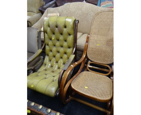 A light green button backed leather effect & studded armchair together with a bentwood & wicker rocker