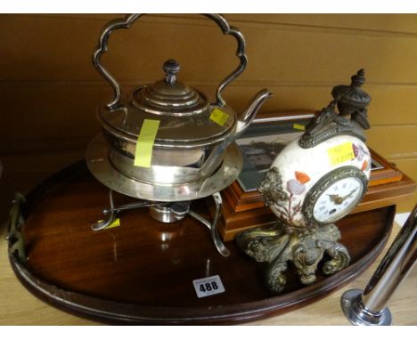 An EPNS kettle on stand, a vintage mahogany oval tea tray together with modern clock & prints etc