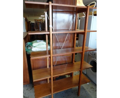 A modern teak effect standing shelf unit