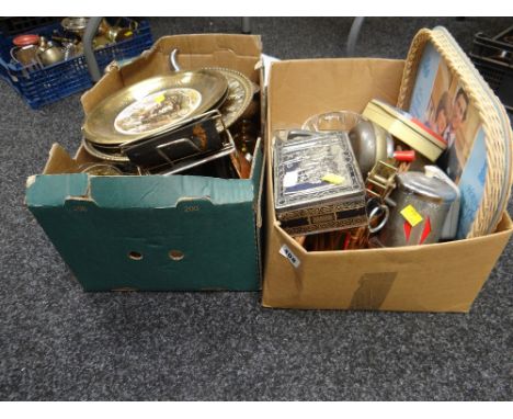 Two boxes of mainly metalware & glass, brass wall plates, vintage tins etc