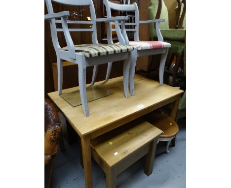 Parcel of furniture to include light oak breakfast table, two painted chairs & two side tables