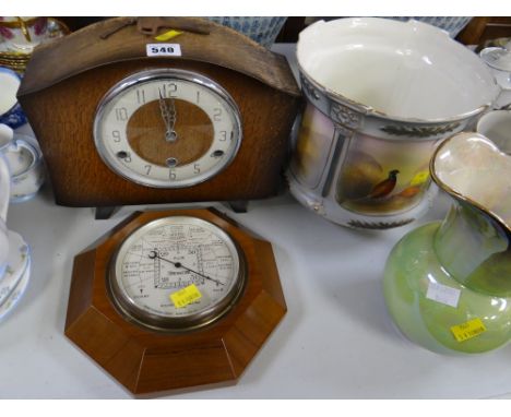 A vintage oak mantel clock together with a barometer & a Crown Devon jardiniere & pottery jug etcgilt wear around top of jard