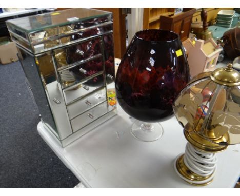 A modern glass table top chest, a purple glass vase etc