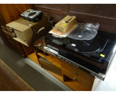 A mid-century Garrard SP25 MKIV turn table & cassette player together with a Philco record player, speakers & other accessori